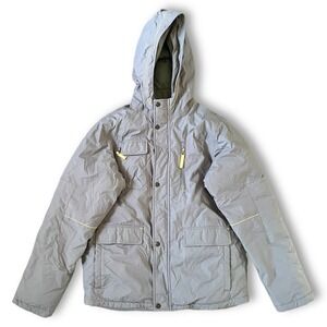 Lands End Down Feather Jacket Kids Boy Sz XL 18-20 Gray Faux Fur Hood Insulated